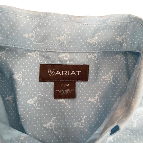 Ariat Mens Long Sleeve Button Up Print Shirt M Light Blue Cattle Skull Western - Picture 3 of 10